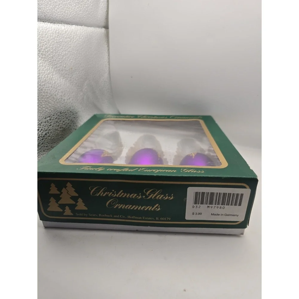 German Glass Teardrop Christmas Ornaments Violet/Gold Snowflake Hanging Set 3pc